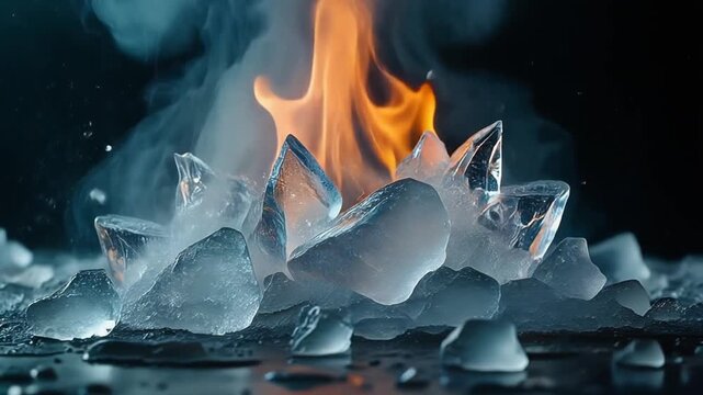 Flames engulf melting ice crystals on a dark surface with smoke rising.