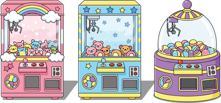 Set of colorful pastel claw machine illustrations featuring cute plush bears and prize capsules in a kawaii arcade game style isolated on white background.