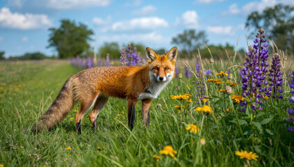 Fototapeta premium Red fox in wildflower meadow with lupine and daisies under blue sky