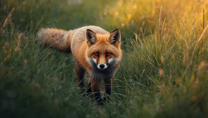 Fototapeta premium Red fox in golden grass at dusk with attentive gaze