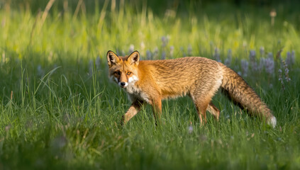 Fototapeta premium Red fox walking in sunlit meadow with green grass and wildflowers