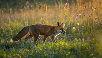 Fototapeta premium Red fox walking through wildflower meadow at golden hour with warm backlight