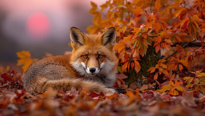 Fototapeta premium Rusty red fox lying among orange autumn leaves with warm sunset glow