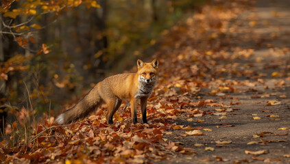 Fototapeta premium Autumn red fox standing on leaf covered path with warm golden foliage and alert expression