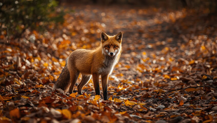 Fototapeta premium Vibrant red fox standing autumn leaf covered forest floor, warm golden light and attentive gaze