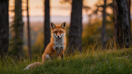 Fototapeta premium Red fox sitting on grassy hill at sunset with forest background, alert and serene