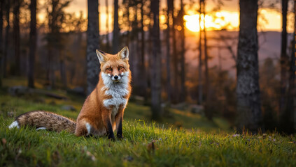 Fototapeta premium Vibrant red fox, fox, forest, sunset, grass, wild animal, mammal
