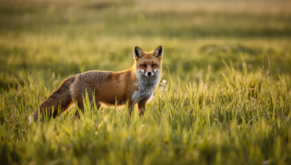 Fototapeta premium Vibrant red fox standing in green grass at golden hour with attentive expression