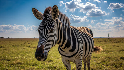 Fototapeta premium Zebra standing in sunlit savanna with dramatic sky and grassy plain, calm natural scene