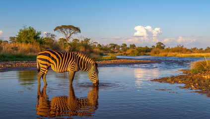 Fototapeta premium Zebra drinking at riverbank in golden light with savanna trees and reflections