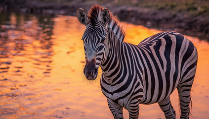 Fototapeta premium Zebra standing by orange sunset water, soft warm light and calm expression