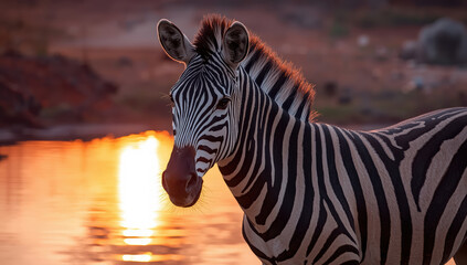 Fototapeta premium Zebra standing by sunset water with warm backlight and soft natural mood