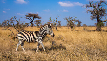 Fototapeta premium Zebra walking in dry savanna with acacia trees and blue sky