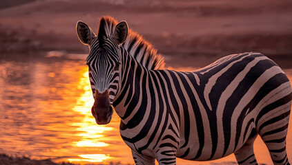 Fototapeta premium Zebra sunset water reflection striped equine wild animal standing calmly at golden hour