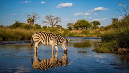 Fototapeta premium Zebra drinking water at river edge in savanna landscape with reflection