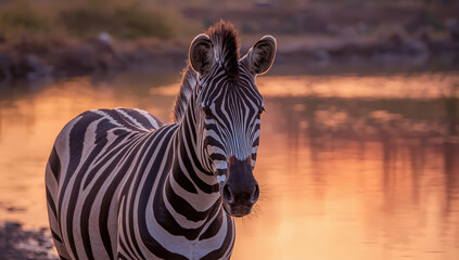 Fototapeta premium Zebra standing by water at golden sunset with warm reflection