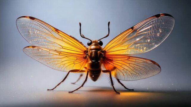 Close-up of a winged insect with translucent wings radiating an amber glow