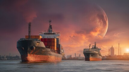 Fototapeta premium Shipping vessels in a futuristic port at sunset maritime scene urban environment wide angle view