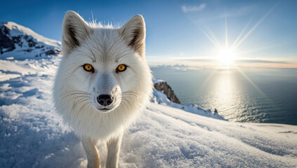 Fototapeta premium Arctic fox with thick white fur and amber eyes on snowy cliff at sunrise, serene expression