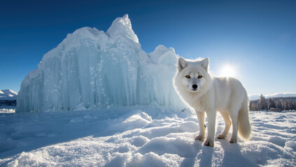 Fototapeta premium Arctic fox standing on snow near ice formation at sunrise, serene cold landscape