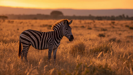Fototapeta premium Zebra standing in golden savanna at sunset, calm warm light and tall grass