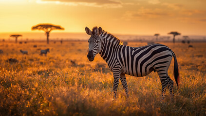 Fototapeta premium Zebra standing in golden savanna at sunset with acacia trees and distant animals