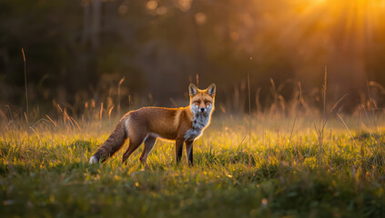 Fototapeta premium Red fox standing in golden meadow at sunset with warm backlight