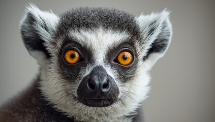 Fototapeta premium Ring tailed lemur close up portrait with vivid orange eyes and detailed fur