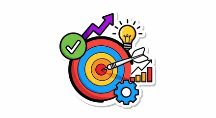 Fototapeta premium A colorful illustration of a target with an arrow hitting the bullseye surrounded by a gear, graph, light bulb, and checkmark.