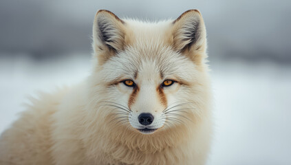 Fototapeta premium Arctic fox portrait with golden eyes in snowy landscape, calm and attentive expression