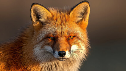 Fototapeta premium Red fox portrait with intense amber eyes and warm golden fur at sunset