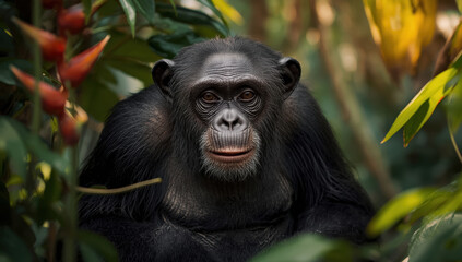 Obraz premium Young chimpanzee portrait in lush jungle with thoughtful expression