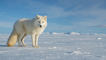 Fototapeta premium Arctic fox white fur tundra snowy landscape serene alert standing in cold