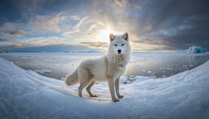 Fototapeta premium Arctic fox standing on snowy shore at sunset with icy ocean and dramatic sky