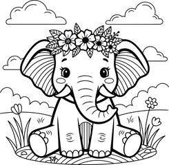 Obraz premium Adorable elephant wearing a floral crown in a peaceful meadow