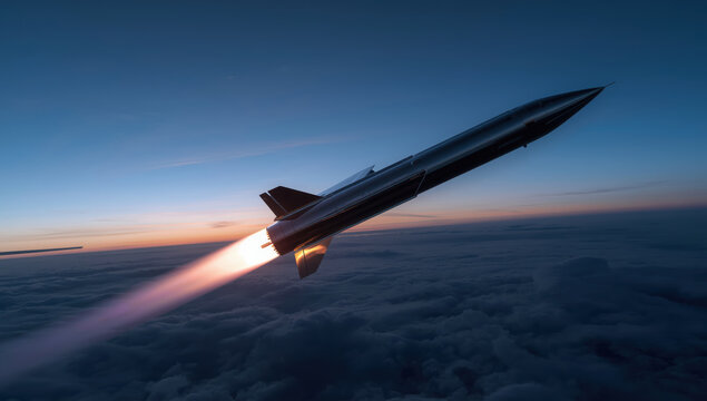 Sleek hypersonic missile climbing above clouds at dusk with blazing exhaust trail