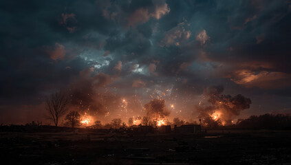 Obraz premium Dramatic night sky over burning landscape with glowing embers and scattered ruins