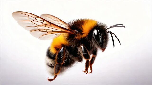 Close-up of a bumblebee in flight, showcasing its wings, body and details against a white background
