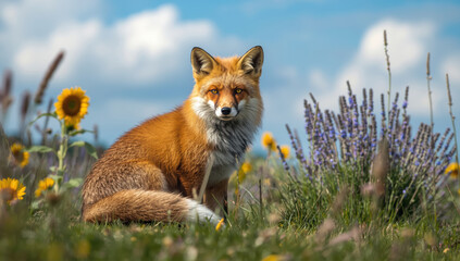 Fototapeta premium Red fox sitting among sunflowers and lavender in sunny meadow, calm wildlife portrait