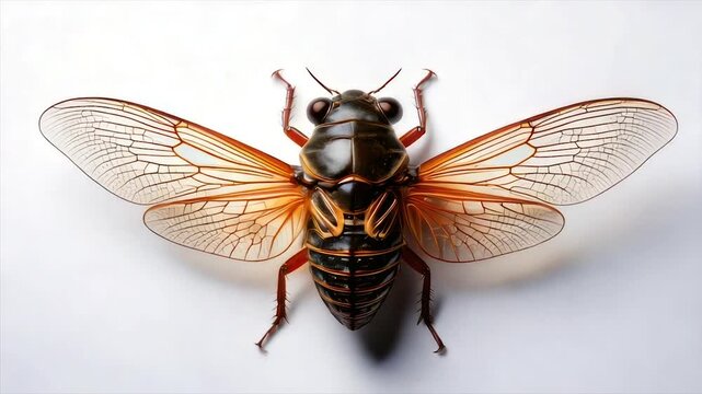 A detailed, high-angle view of a cicada with transparent wings, on a white background