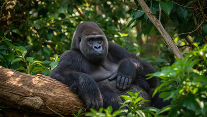 Naklejka premium Adult western lowland gorilla resting on tree branch in dense green forest, calm expression