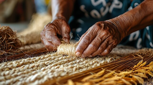 Closeup of weaving hands crafting natural fiber decor items high resolution picture