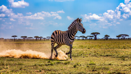 Fototapeta premium Zebra running on savanna with dust trail under blue sky