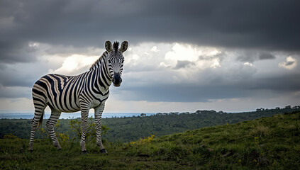 Fototapeta premium Zebra standing on grassy hill under dramatic cloudy sky with distant savannah horizon