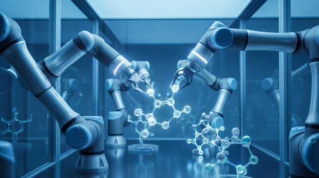 Gold molecule with peptide collagen background concept. Advanced robotic arms collaborate in a high-tech lab environment.