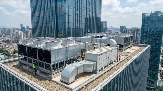 Ceiling cassette air conditioning with ventilation parts concept. Aerial view of HVAC system installation on a modern rooftop.