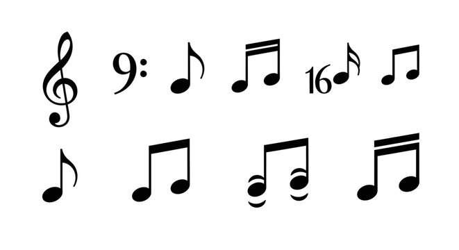 various musical notes and symbols including clefs and beamed notes presented clearly for music theory and educational design