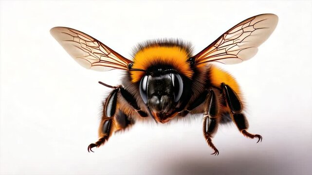 A close-up of a fuzzy bumblebee in mid-flight, with transparent wings