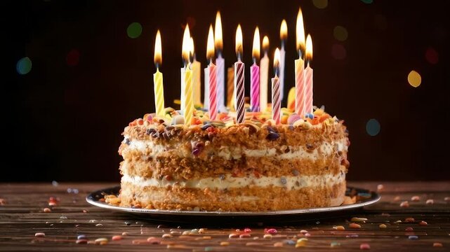 A decorated layer cake with lit candles stands on a wooden surface, confetti scattered
