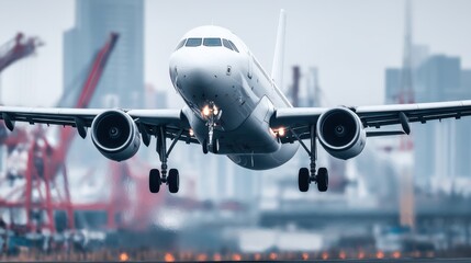 Naklejka premium Landing airplane during stormy weather airport aviation photography urban environment low angle flight safety concept